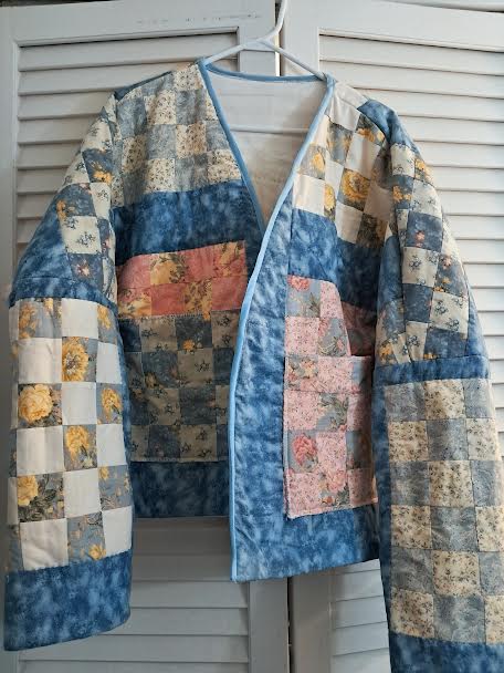 Upcycled Vintage Quilt Coat - Country Blue & Rose Patchwork