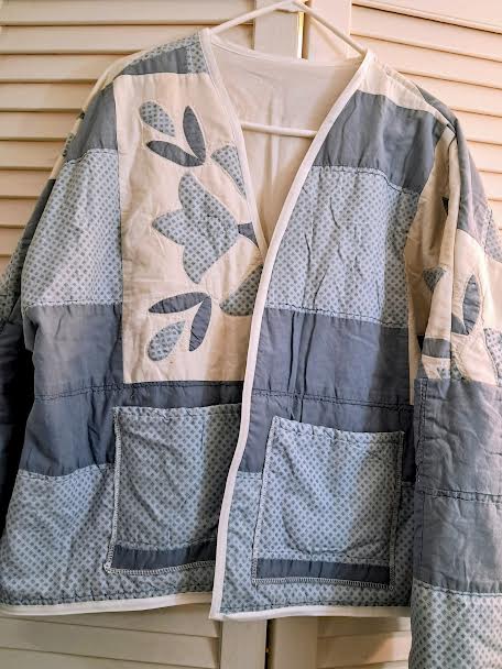 Upcycled Vintage Quilt Coat - Slate Blue Tulip Applique
