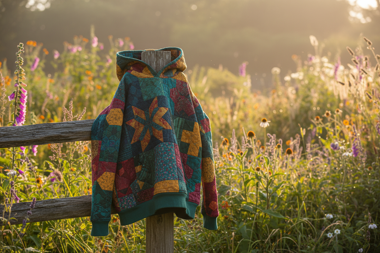 Upcycled quilt hoodie in pretty setting